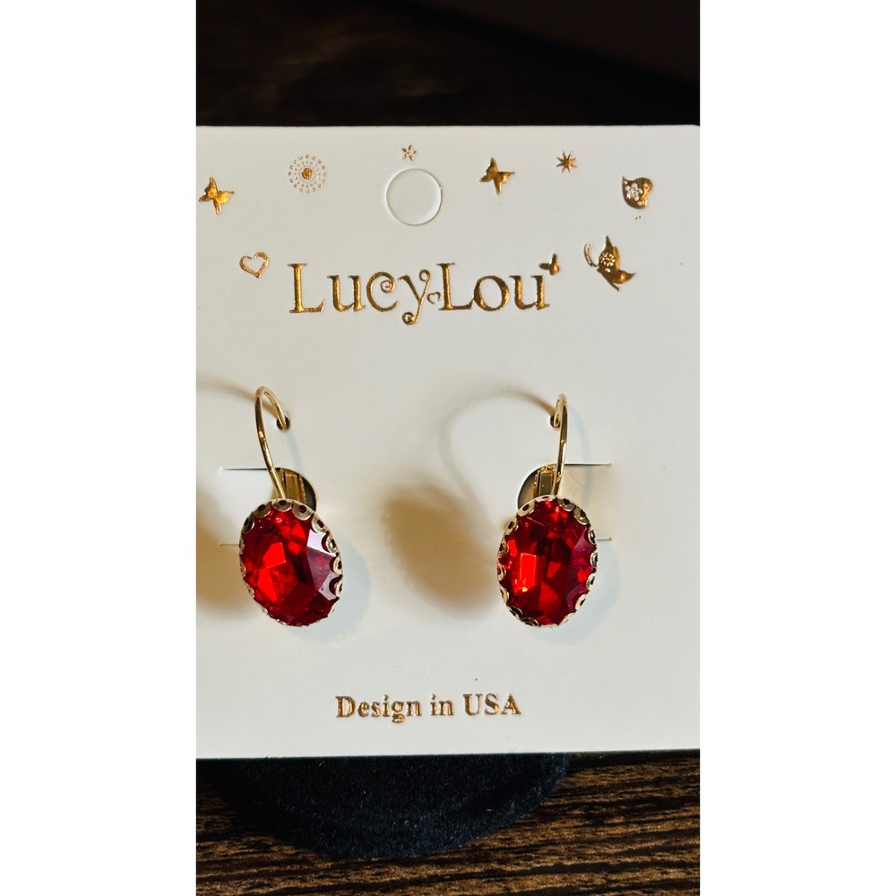 Red Crystal Oval Leverback Earrings Gold Tone Vintage Style